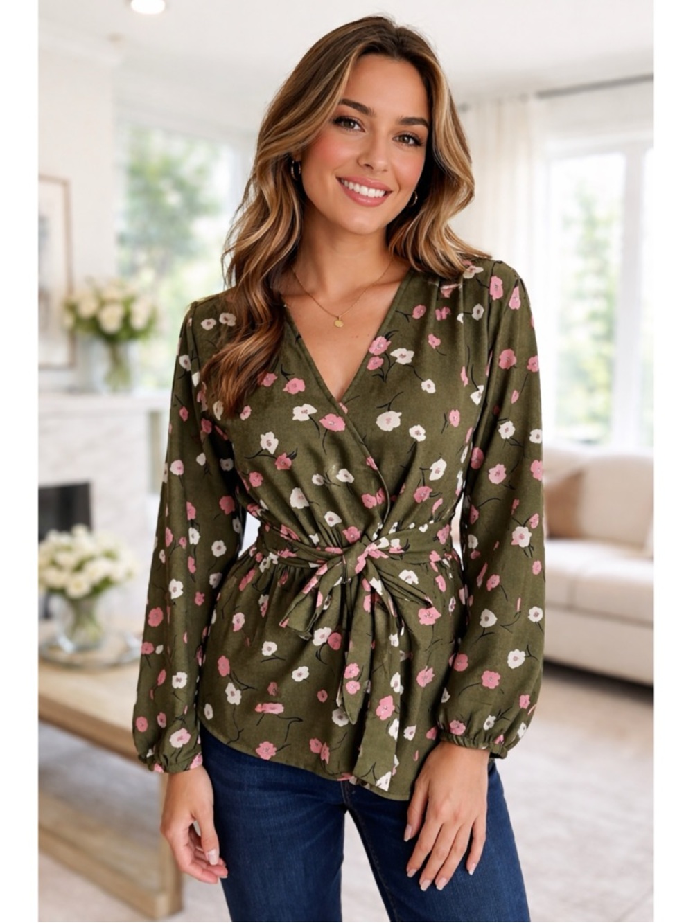41 Hawthorn Olive Green Floral Tie-Waist Wrap Blouse